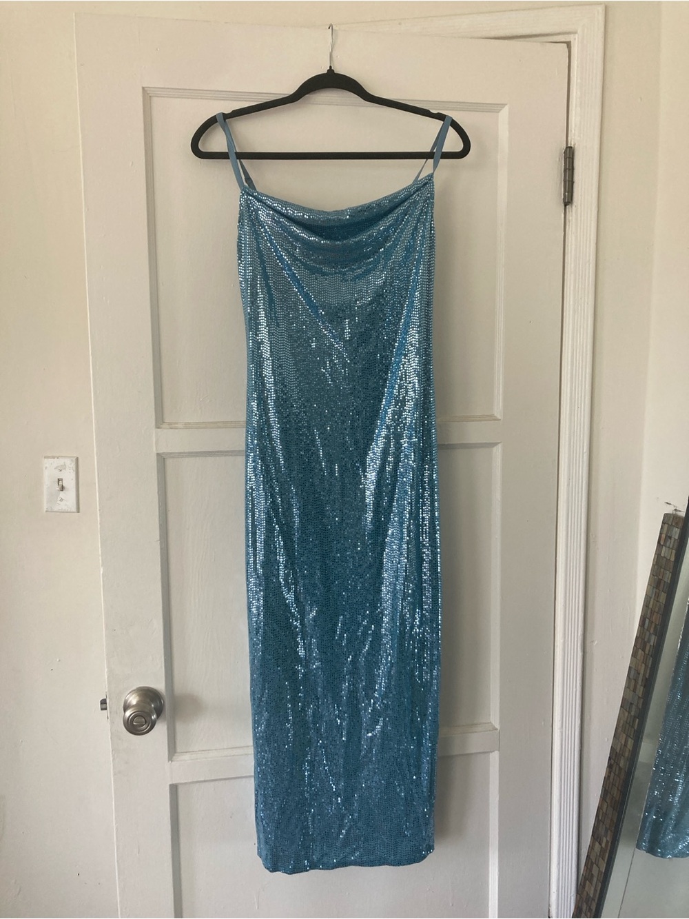 bebe Aqua Sequin Cowl Slip Maxi Dress